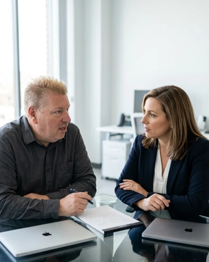 Illustration: two people in a working session at a table with laptops