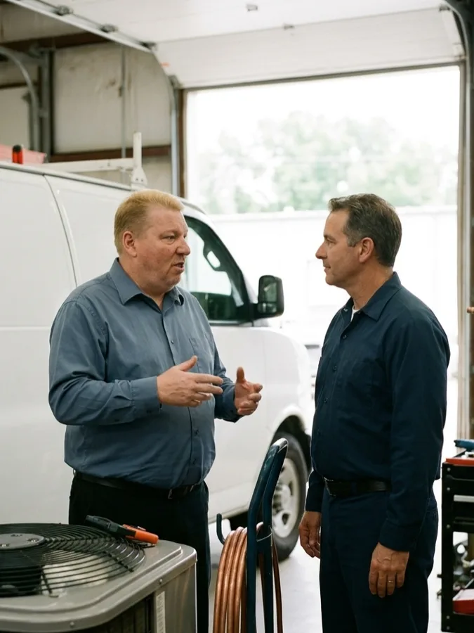 Illustration: two people talking in a service bay beside a white work van